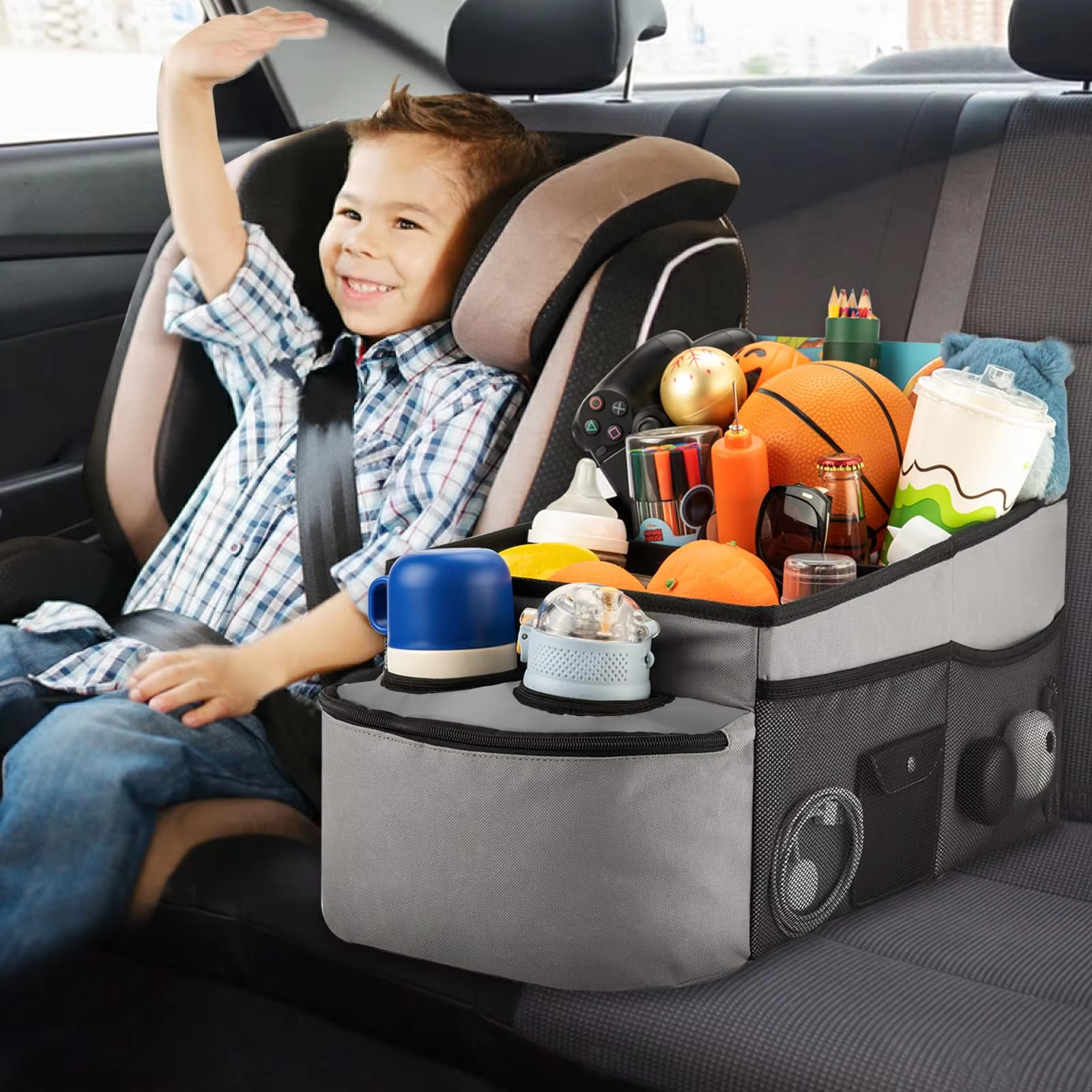YZORA R222 Foldable Car Seat Back Organizer with Handles and Cup Holders | PVC Leather Auto Storage